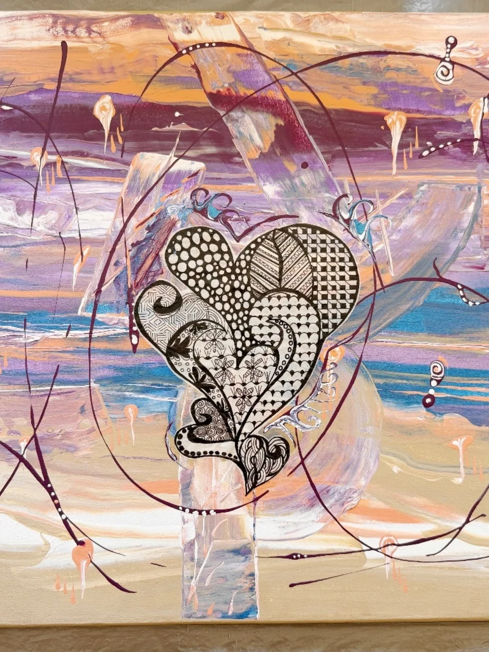 Signed Ing Donaville Modern Abstract Heart Acrylic Painting 20x16 Wall Decor